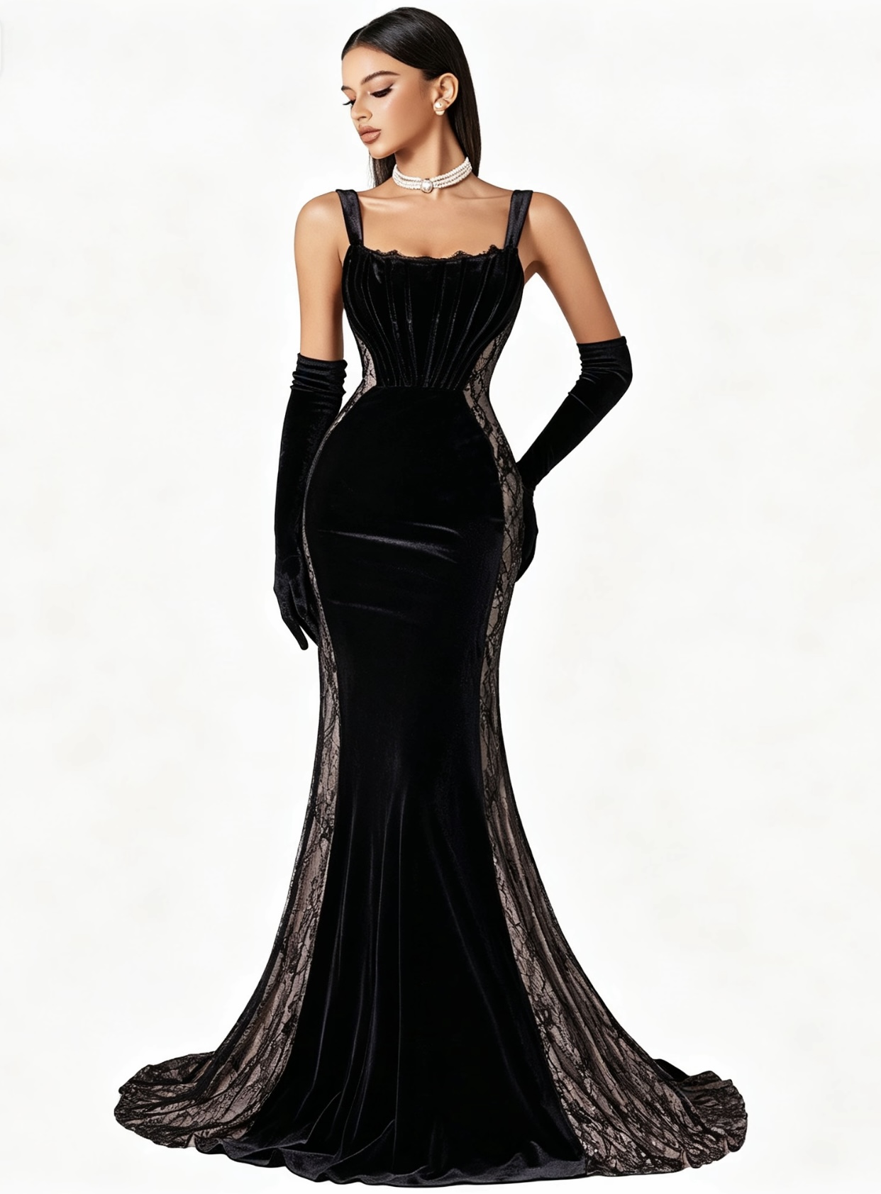 Black velvet lace fish-tail evening dress?format=webp