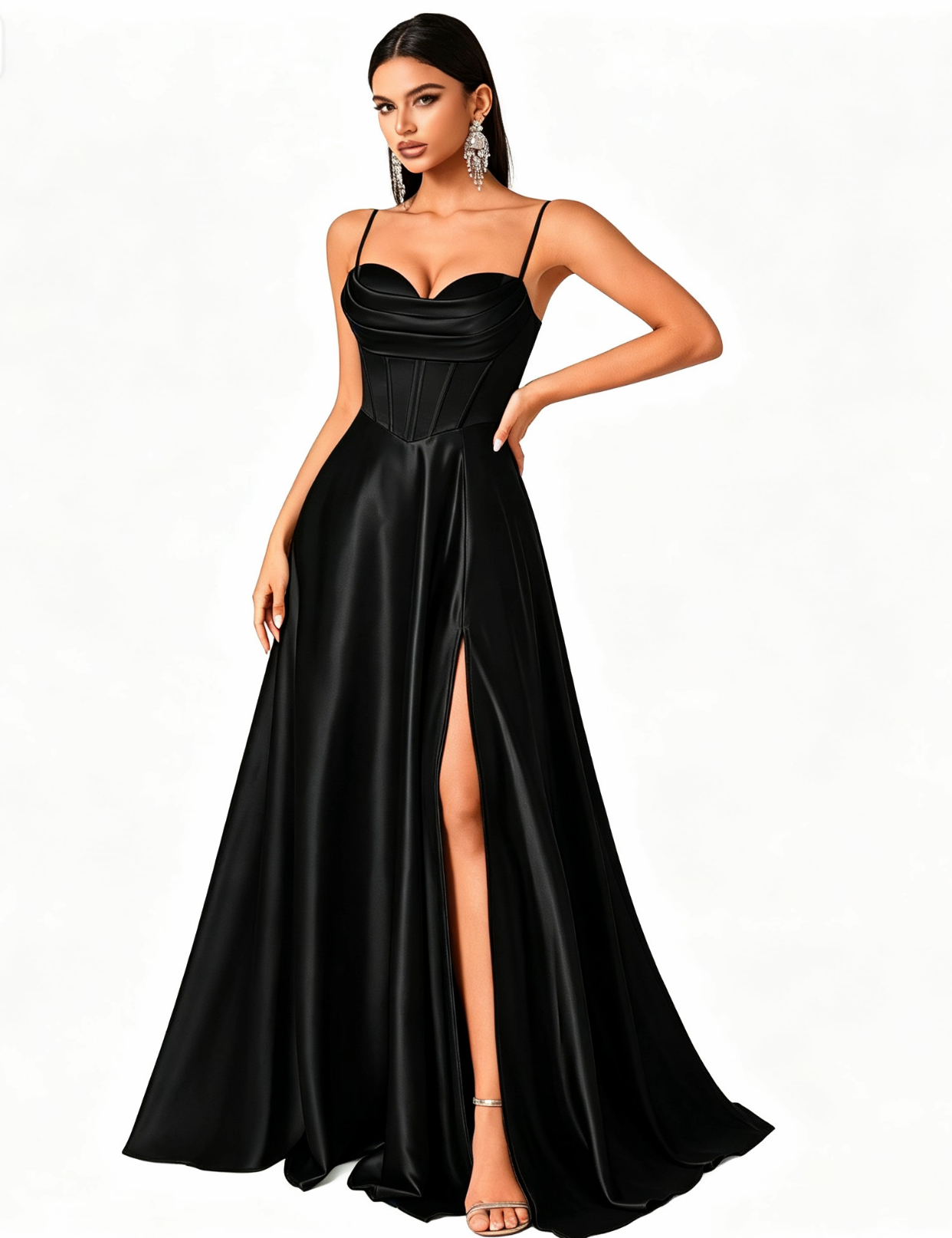 Black satin evening dress?format=webp